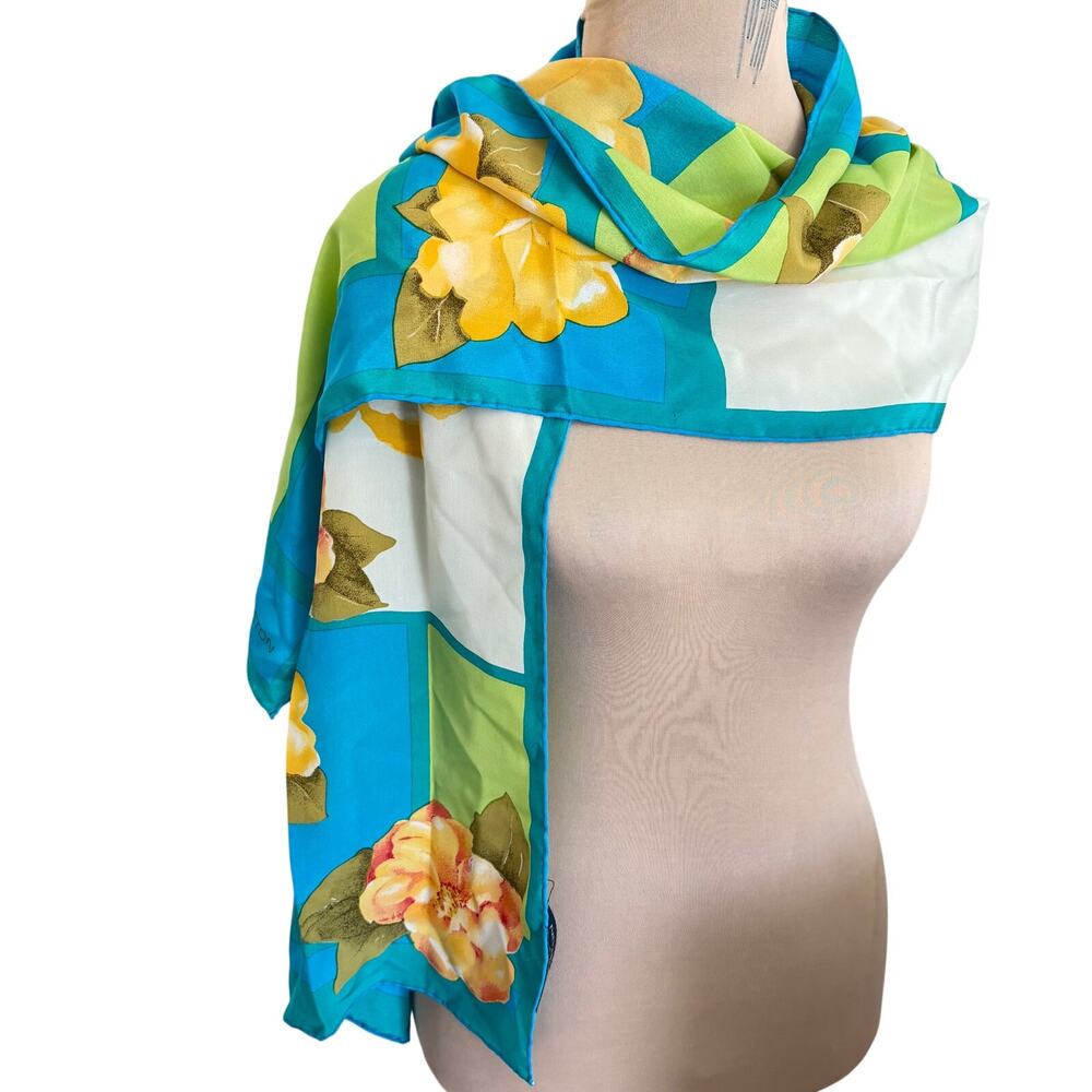 Vintage 90s Halston Silk Floral Geo Mod Art Print Scarf Cottage Romantic 58 x 14